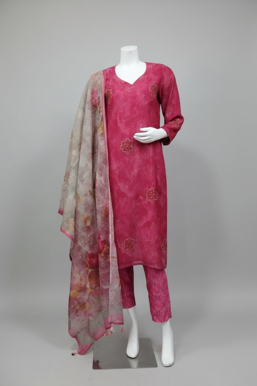 Magenta Pink Hand-Embroidered Mull Chanderi Suit Set