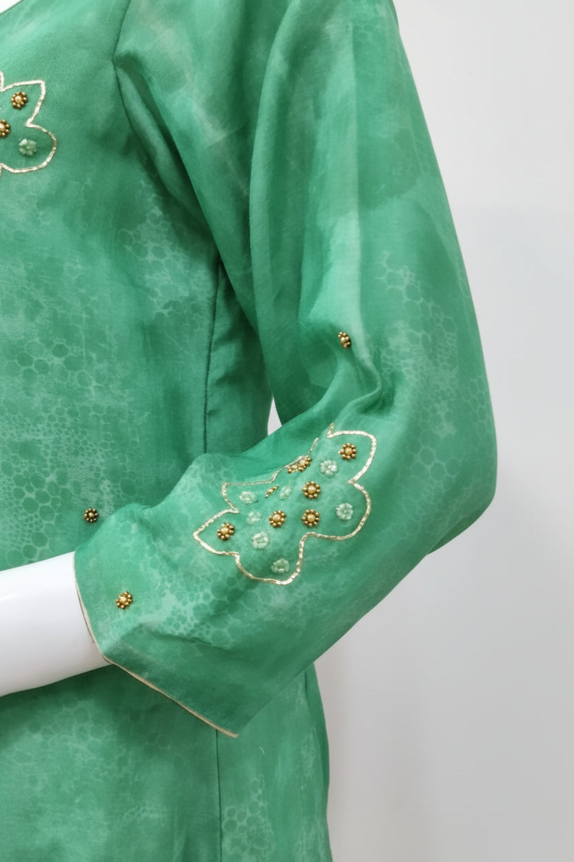 Emerald Green Hand-Embroidered Mull Chanderi Suit Set