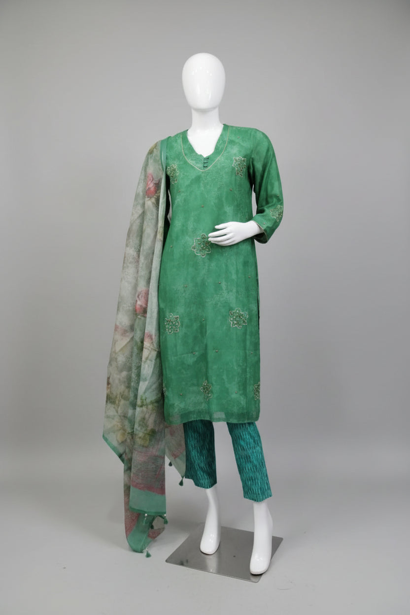 Emerald Green Hand-Embroidered Mull Chanderi Suit Set