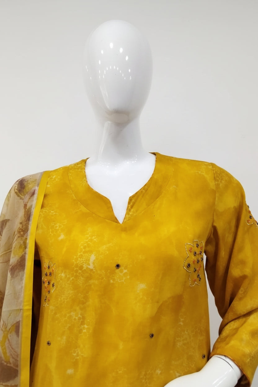 Sunshine Yellow Hand-Embroidered Mull Chanderi Suit Set