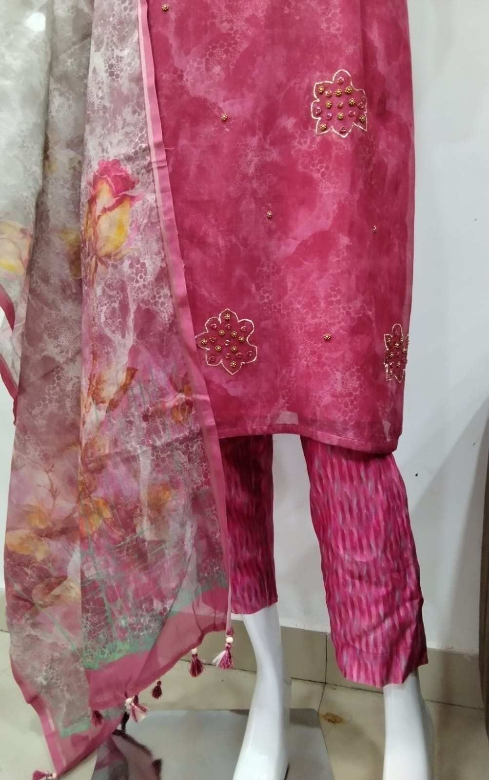 Magenta Pink Hand-Embroidered Mull Chanderi Suit Set
