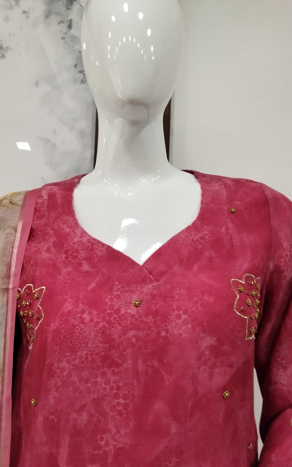 Magenta Pink Hand-Embroidered Mull Chanderi Suit Set