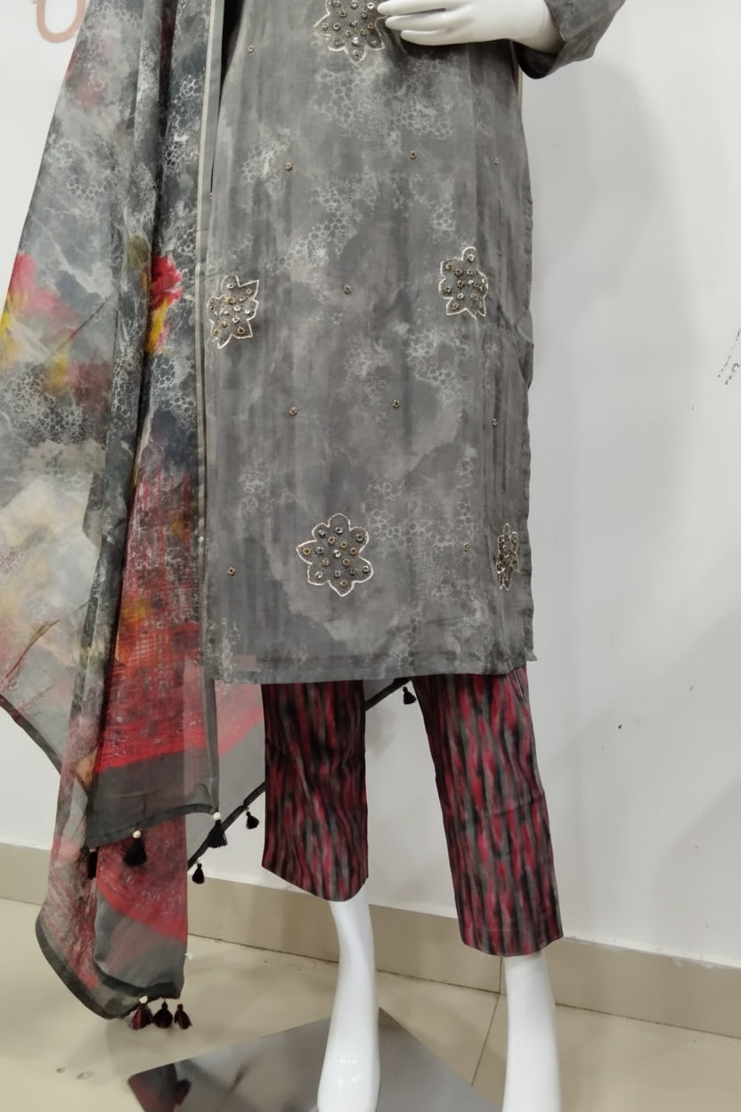 Charcoal & Crimson Hand-Embroidered Mull Chanderi Suit Set