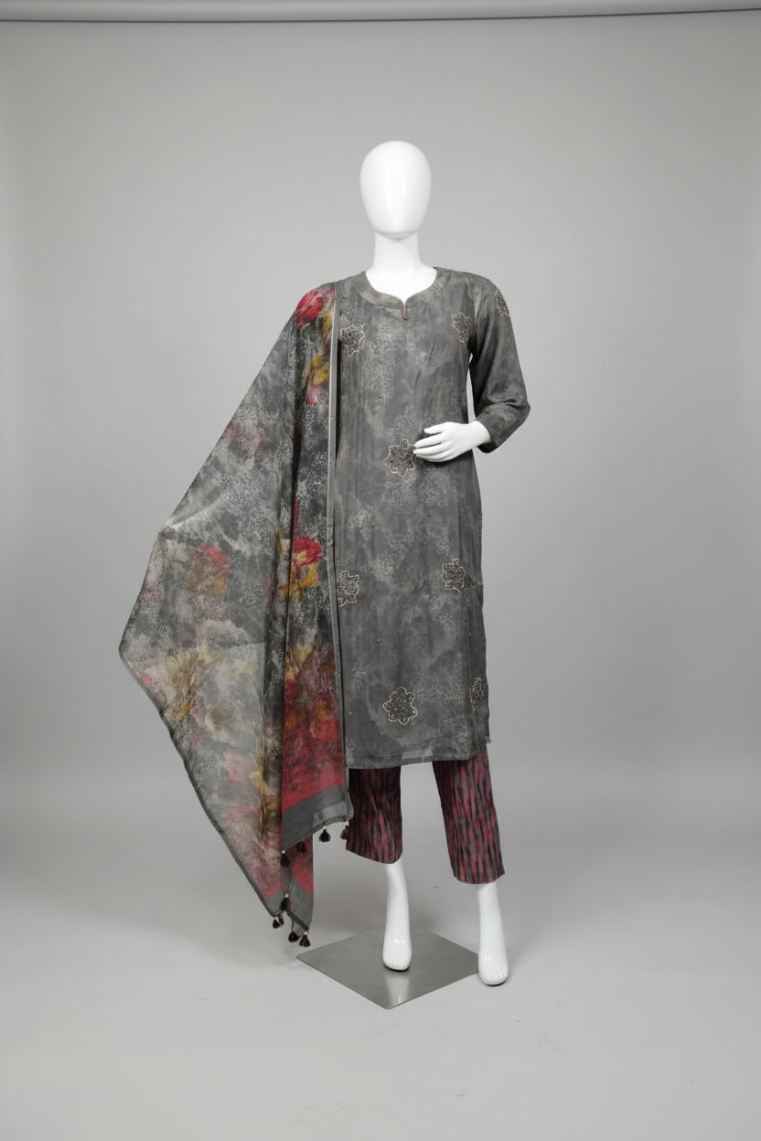Charcoal & Crimson Hand-Embroidered Mull Chanderi Suit Set