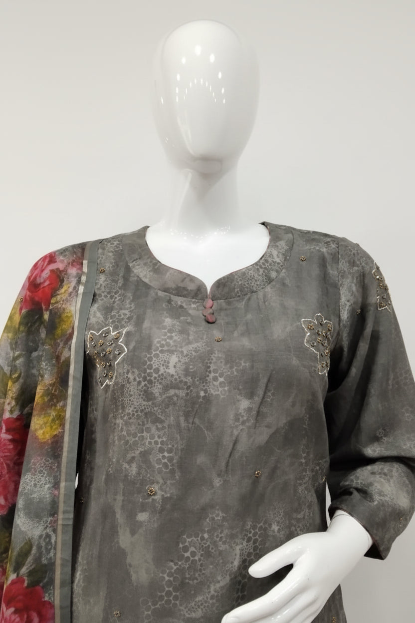 Charcoal & Crimson Hand-Embroidered Mull Chanderi Suit Set