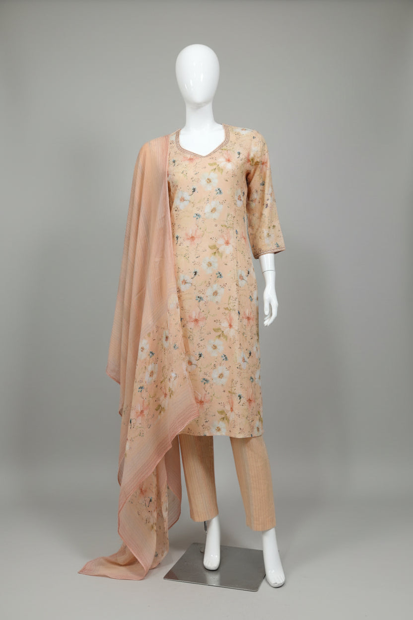 Peach Linen Cotton Digital Floral Printed Kurta Set with Chiffon Georgette Dupatta