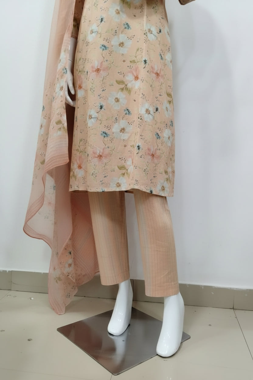 Peach Linen Cotton Digital Floral Printed Kurta Set with Chiffon Georgette Dupatta