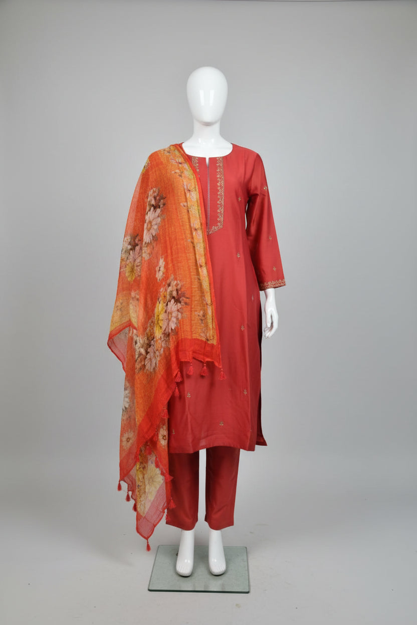 Coral Sunset Pure Cotton Silk Suit Set