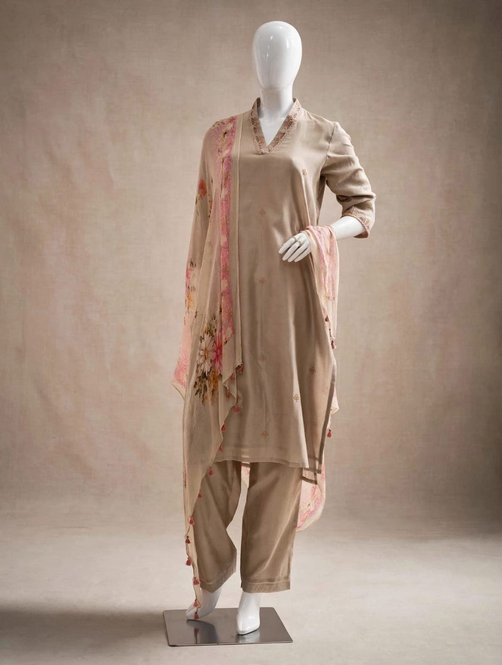 Serene Taupe Pure Cotton Silk Suit Set
