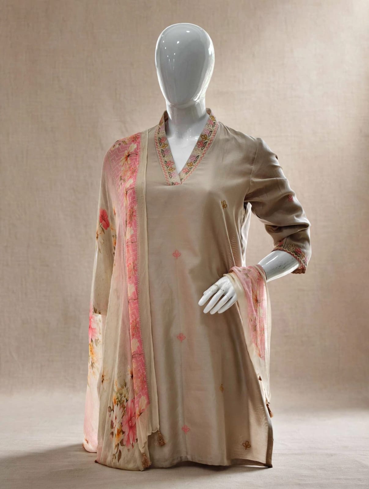 Serene Taupe Pure Cotton Silk Suit Set