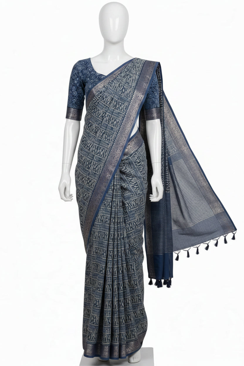 Indigo Blue Abstract Block-Printed Cotton Silk Saree with Unstitched Blouse