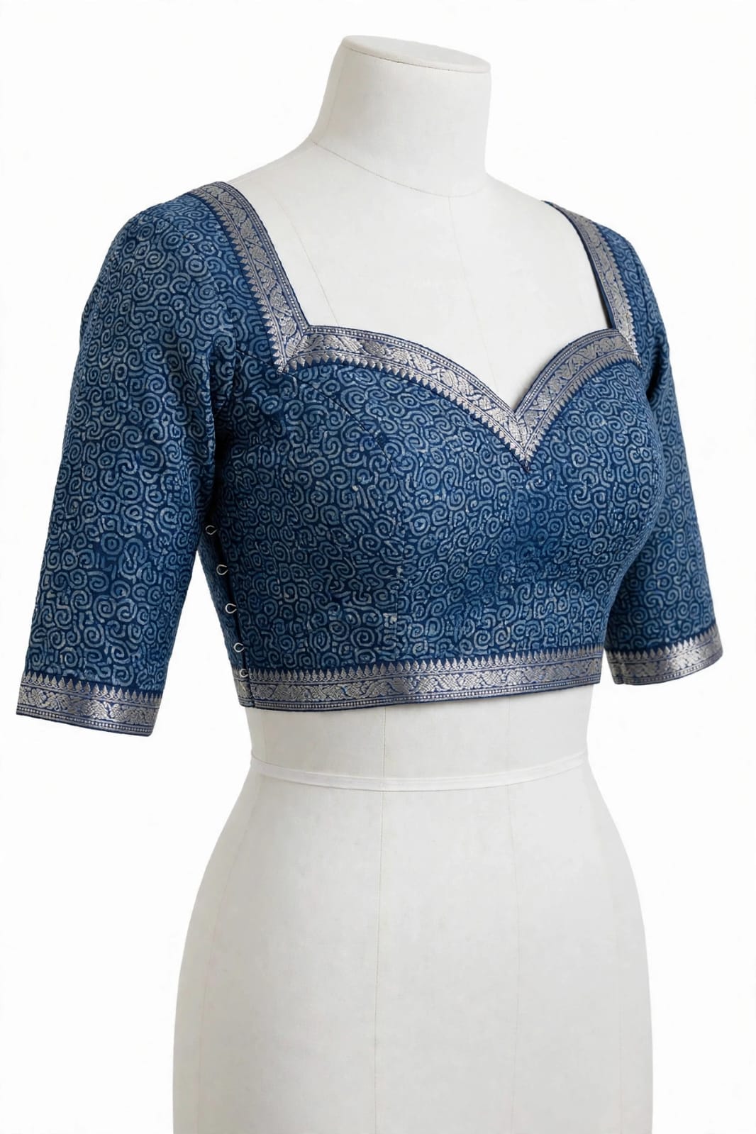 Indigo Blue Abstract Block-Printed Cotton Silk Saree with Unstitched Blouse