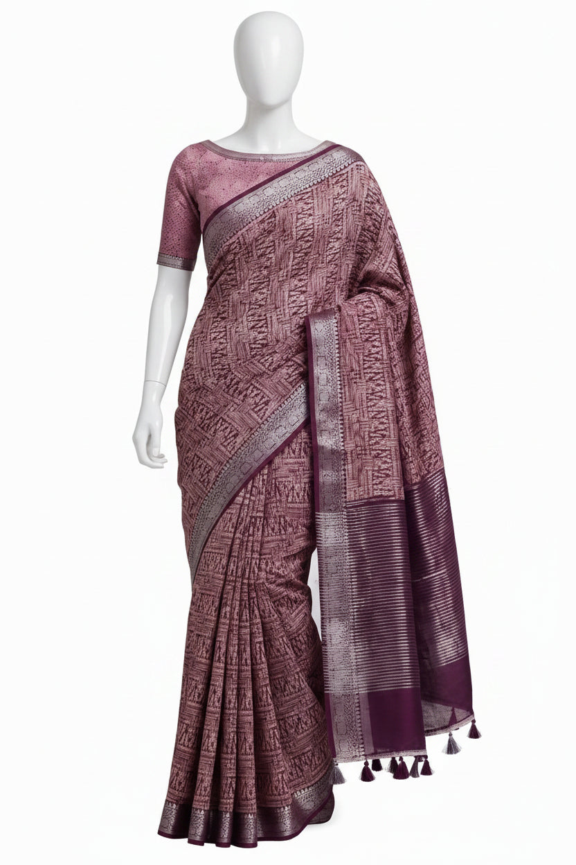 Mauve Abstract Block-Printed Cotton Silk Saree with Unstitched Blouse