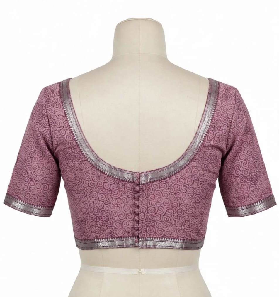 Mauve Abstract Block-Printed Cotton Silk Saree with Unstitched Blouse