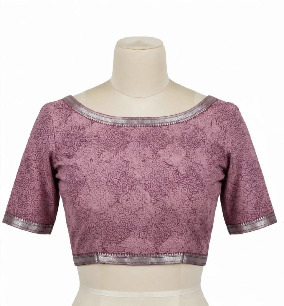 Mauve Abstract Block-Printed Cotton Silk Saree with Unstitched Blouse