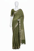 Olive Green Abstract Block-Printed Cotton Silk Saree with Unstitched Blouse