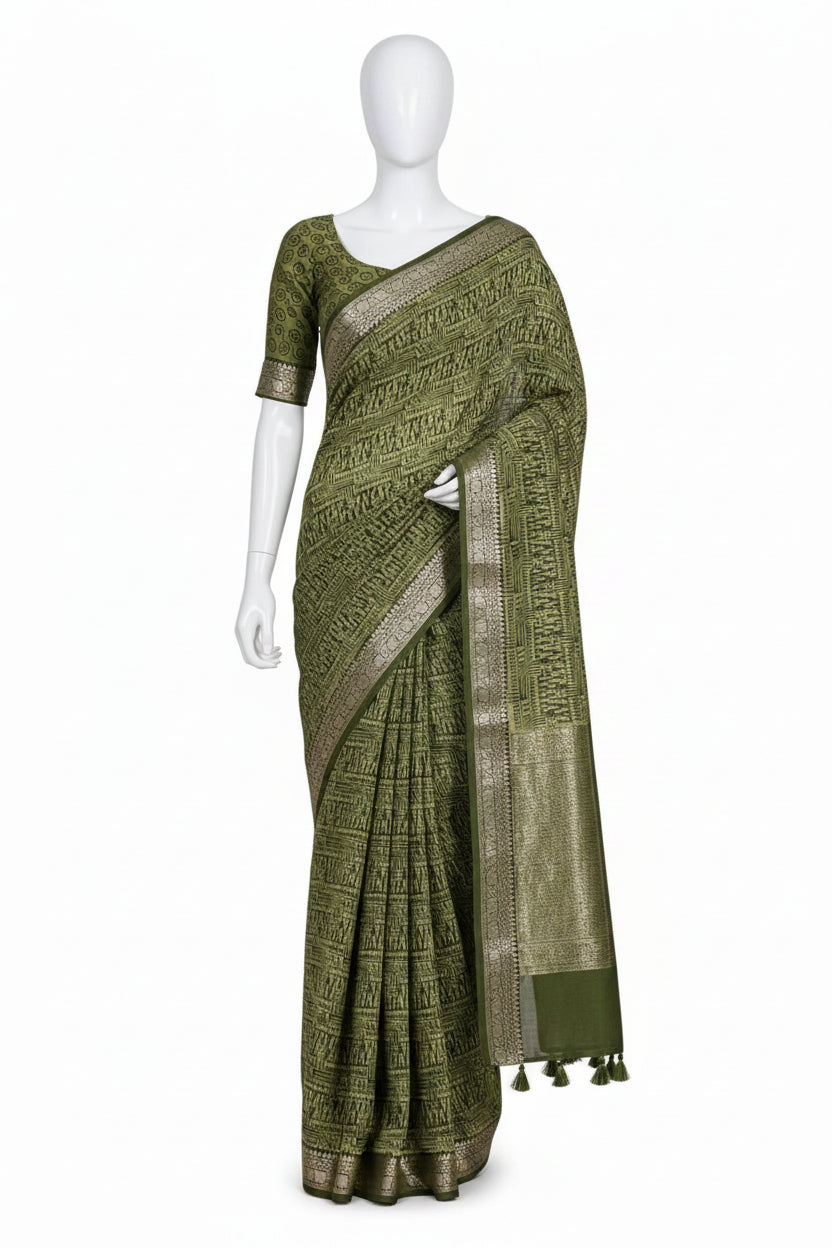 Olive Green Abstract Block-Printed Cotton Silk Saree with Unstitched Blouse