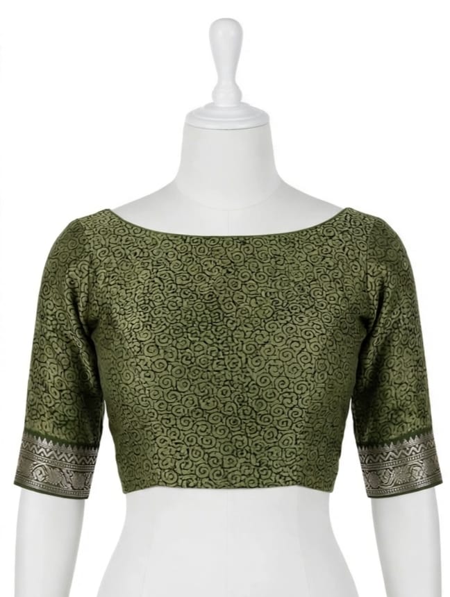 Olive Green Abstract Block-Printed Cotton Silk Saree with Unstitched Blouse