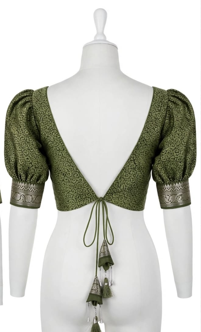 Olive Green Abstract Block-Printed Cotton Silk Saree with Unstitched Blouse