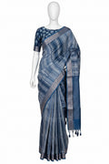 Classic Blue Striped Cotton Silk Saree with Unstitched Blouse