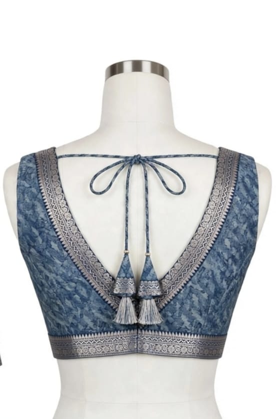 Geometric Blue Block-Printed Cotton Silk Saree with Unstitched Blouse