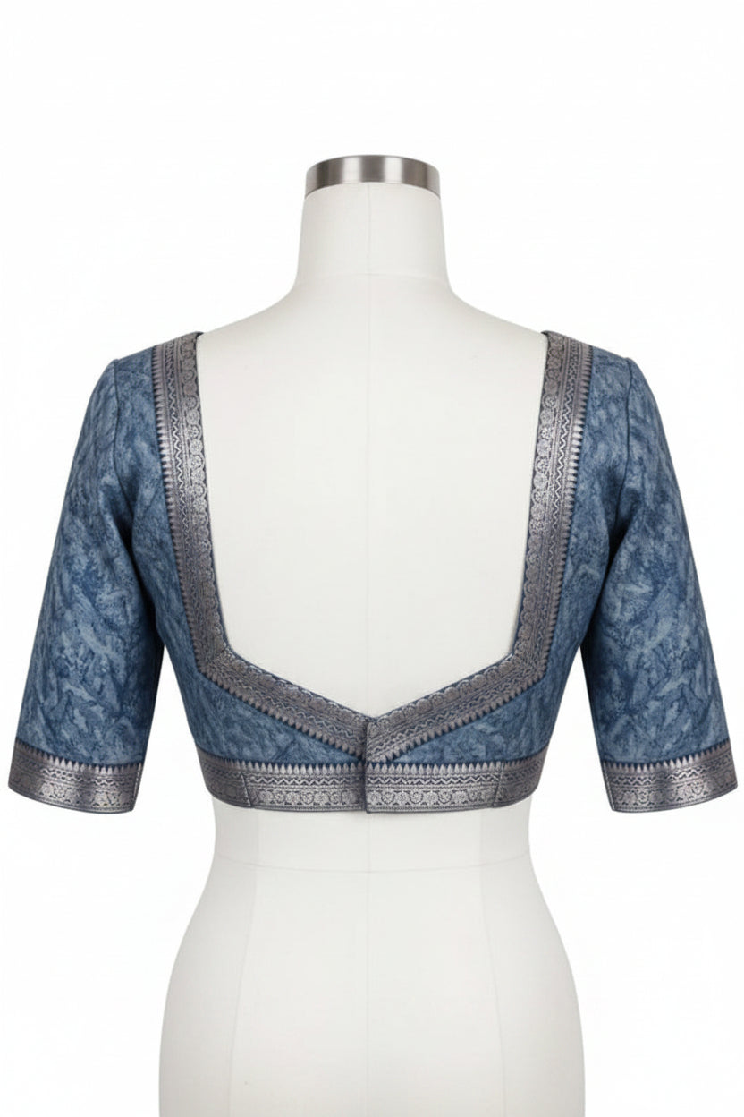 Royal Blue Floral Block-Printed Cotton Silk Saree with Unstitched Blouse