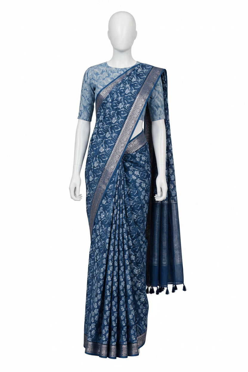 Royal Blue Floral Block-Printed Cotton Silk Saree with Unstitched Blouse