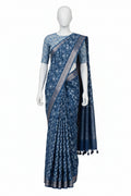 Royal Blue Floral Block-Printed Cotton Silk Saree with Unstitched Blouse