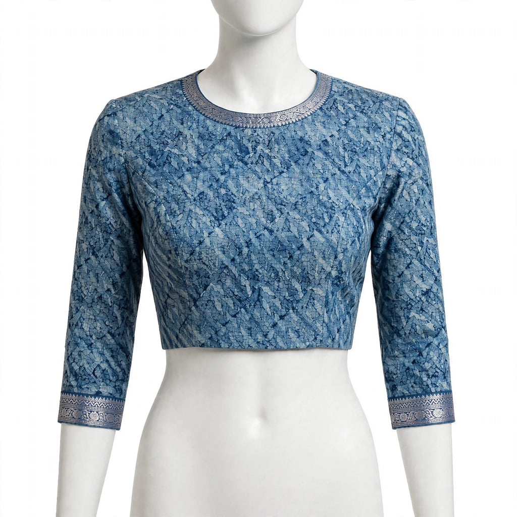 Geometric Blue Block-Printed Cotton Silk Saree with Unstitched Blouse