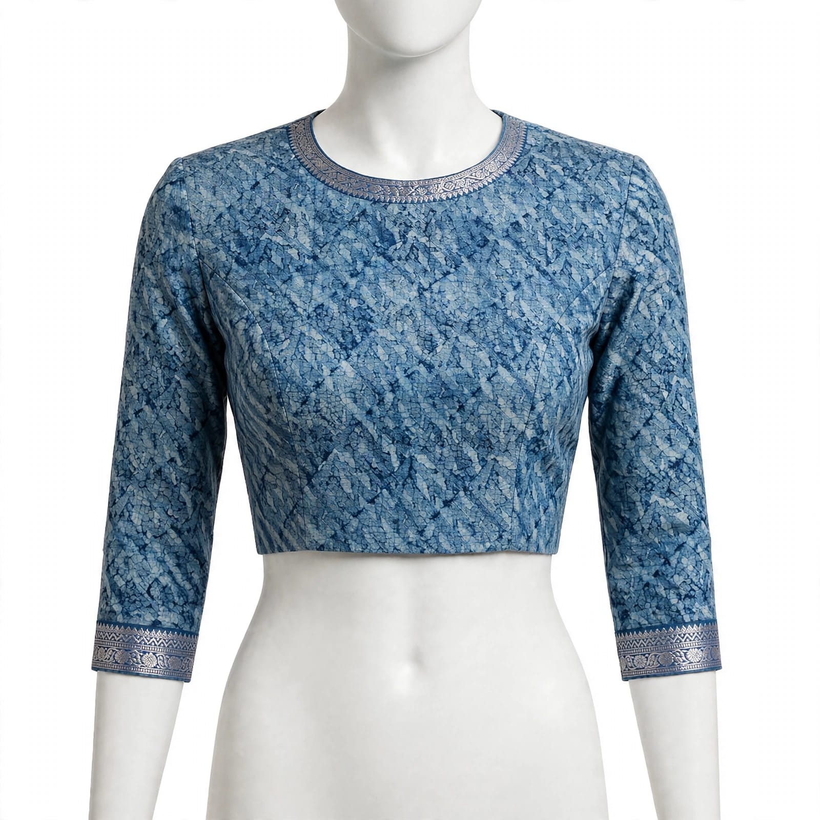 Geometric Blue Block-Printed Cotton Silk Saree with Unstitched Blouse