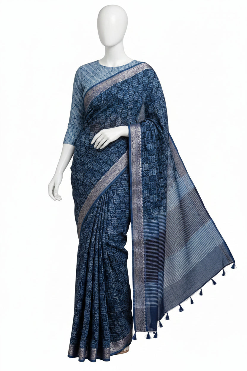 Geometric Blue Block-Printed Cotton Silk Saree with Unstitched Blouse
