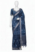 Classic Blue Abstract Block-Printed Cotton Silk Saree with Unstitched Blouse