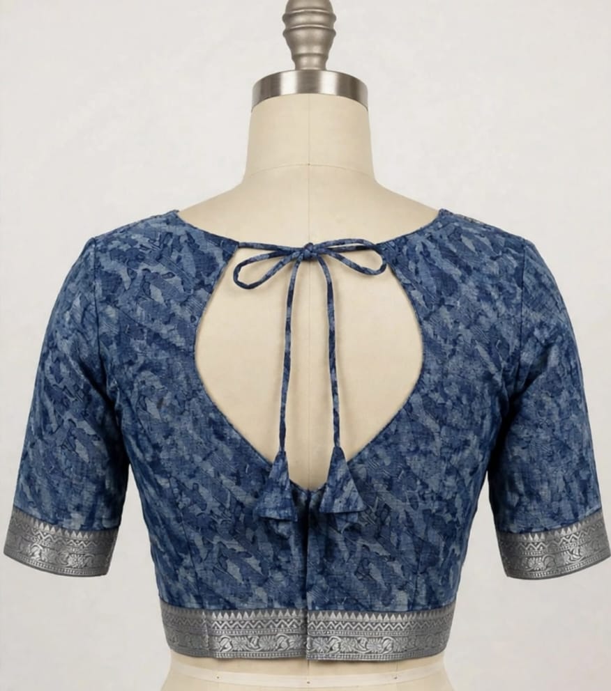 Classic Blue Abstract Block-Printed Cotton Silk Saree with Unstitched Blouse