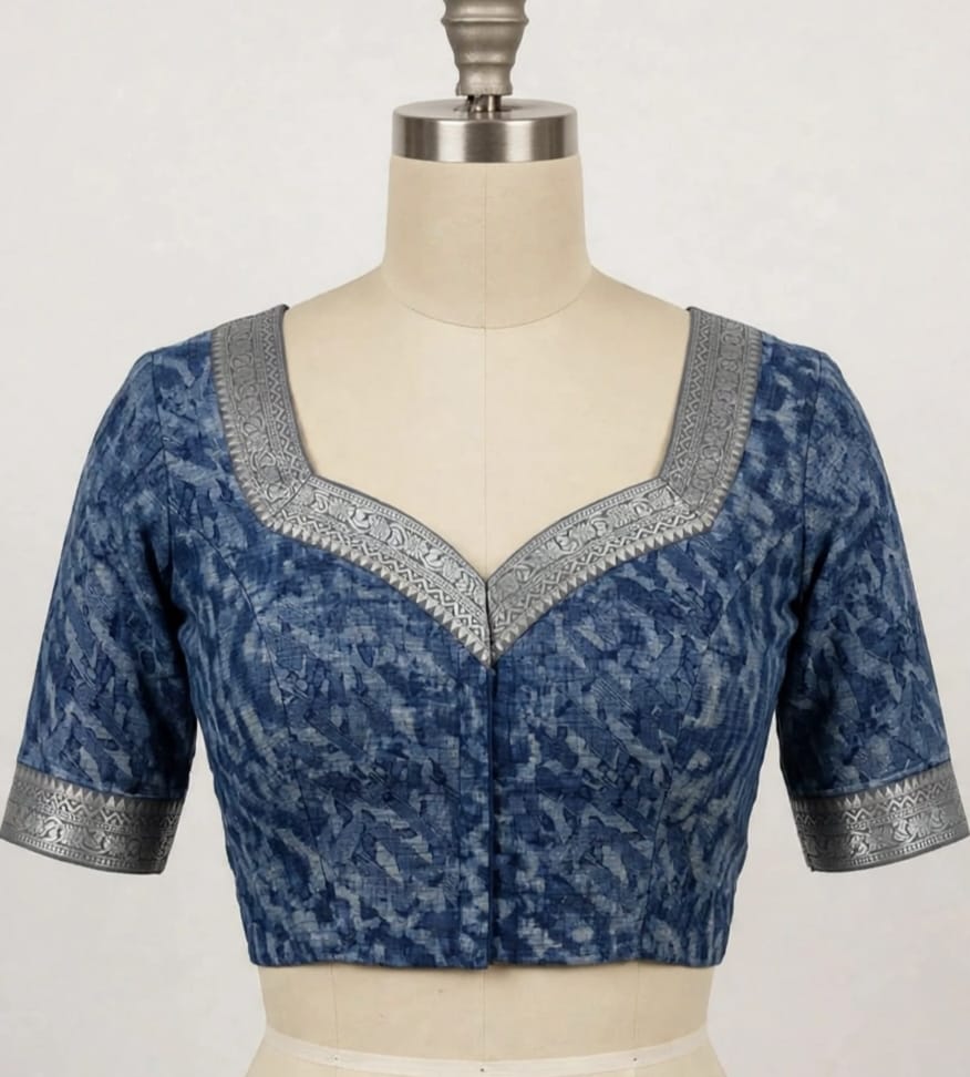 Classic Blue Abstract Block-Printed Cotton Silk Saree with Unstitched Blouse