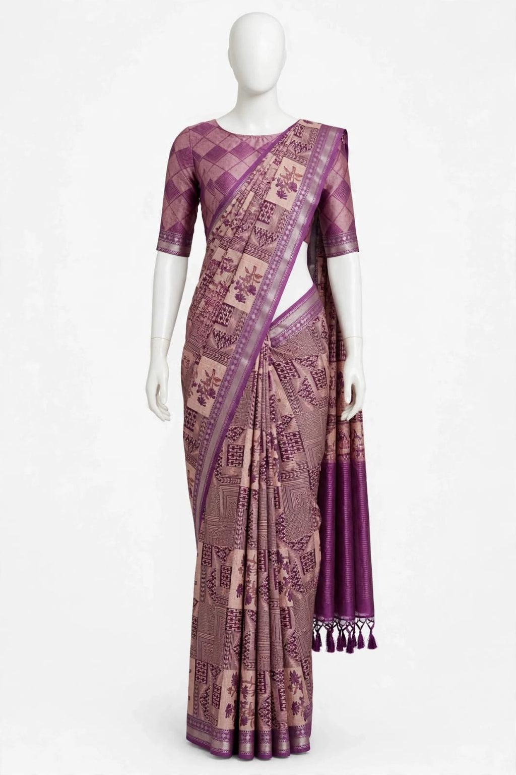 Beige & Purple Geometric Panel Block-Printed Cotton Silk Saree with Unstitched Blouse