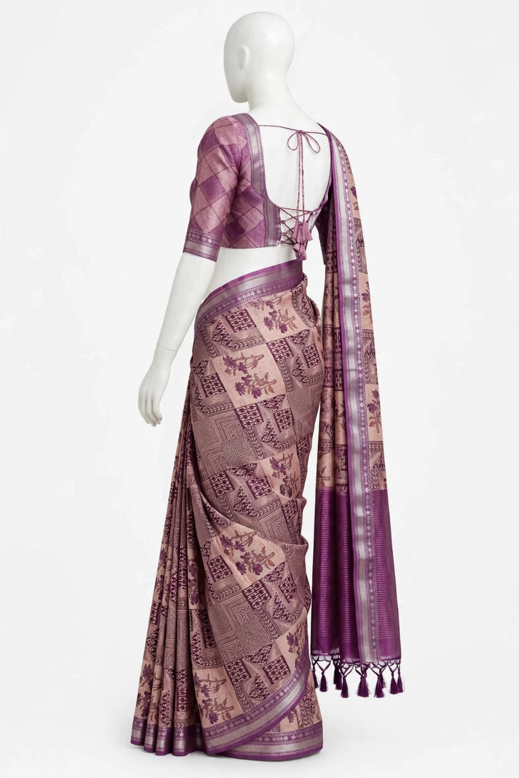 Beige & Purple Geometric Panel Block-Printed Cotton Silk Saree with Unstitched Blouse