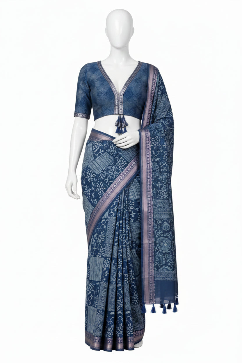 Indigo Blue Patchwork Block-Printed Cotton Silk Saree with Unstitched Blouse