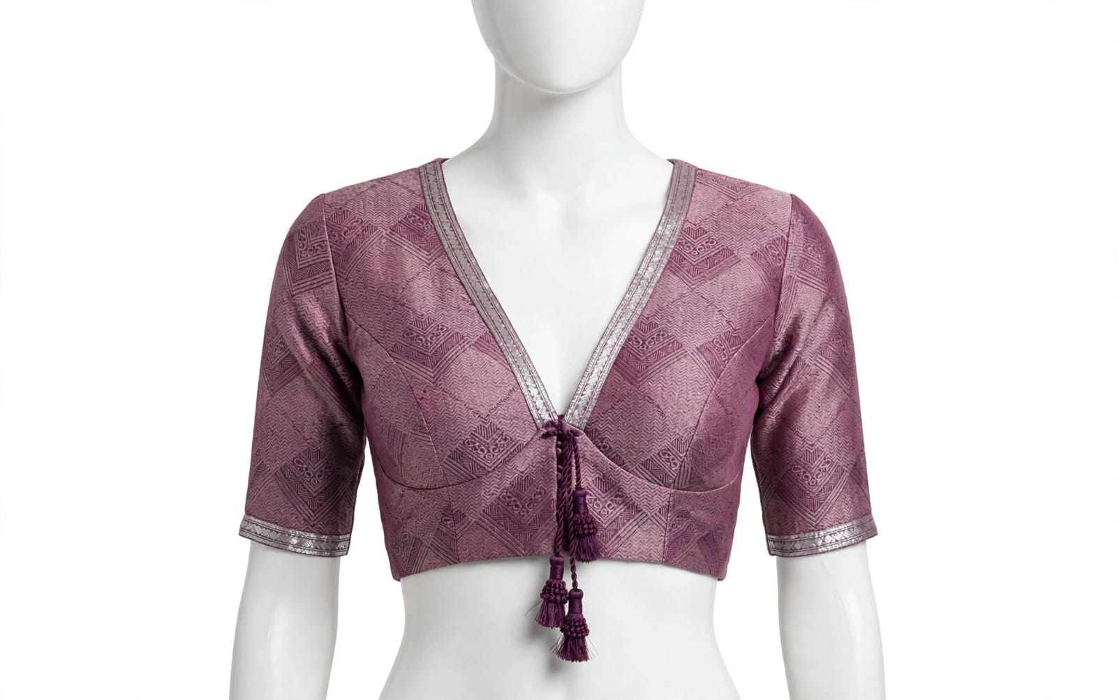 Beige & Purple Geometric Panel Block-Printed Cotton Silk Saree with Unstitched Blouse