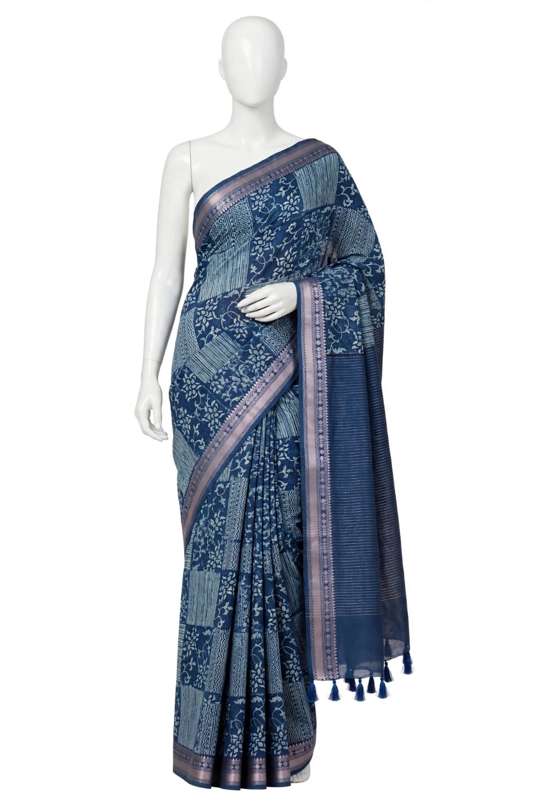 Indigo Blue Patchwork Block-Printed Cotton Silk Saree with Unstitched Blouse