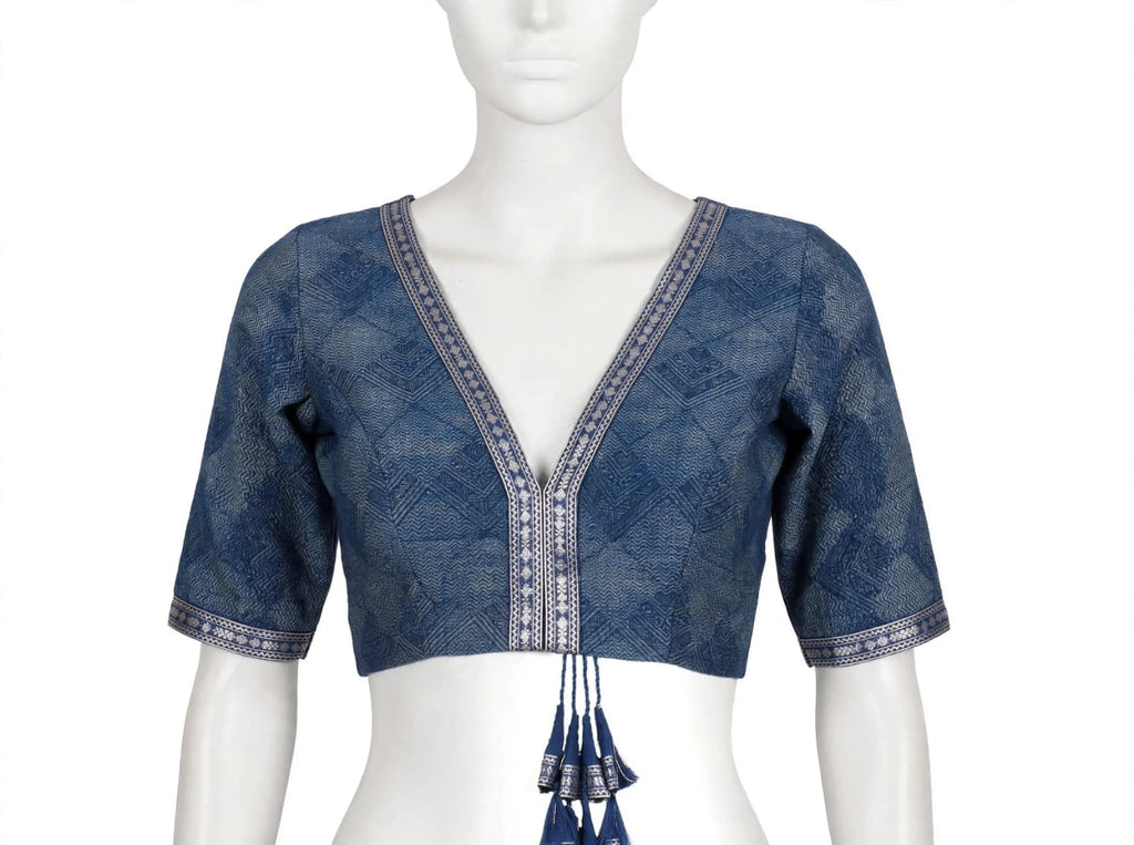 Indigo Blue Patchwork Block-Printed Cotton Silk Saree with Unstitched Blouse
