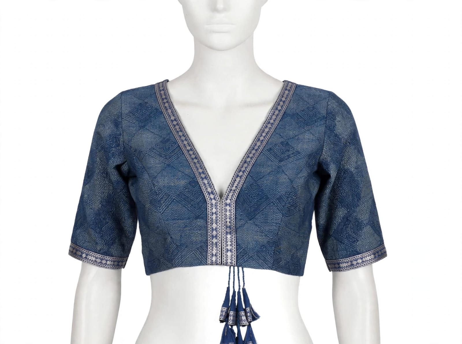 Indigo Blue Patchwork Block-Printed Cotton Silk Saree with Unstitched Blouse