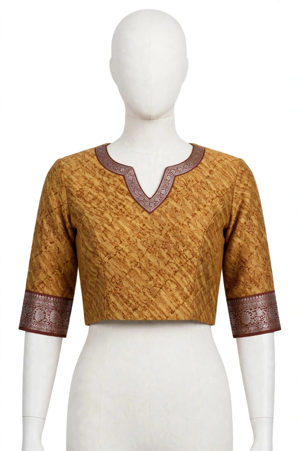 Mustard Yellow Abstract Block-Printed Cotton Silk Saree with Unstitched Blouse