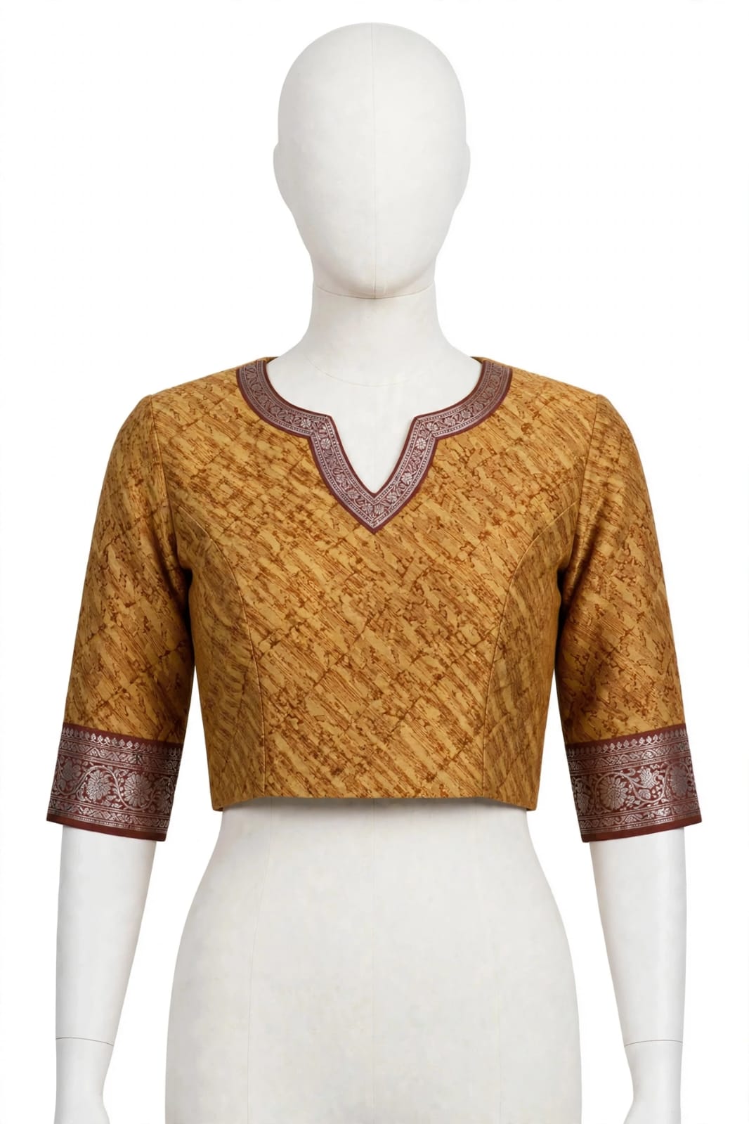 Mustard Yellow Abstract Block-Printed Cotton Silk Saree with Unstitched Blouse