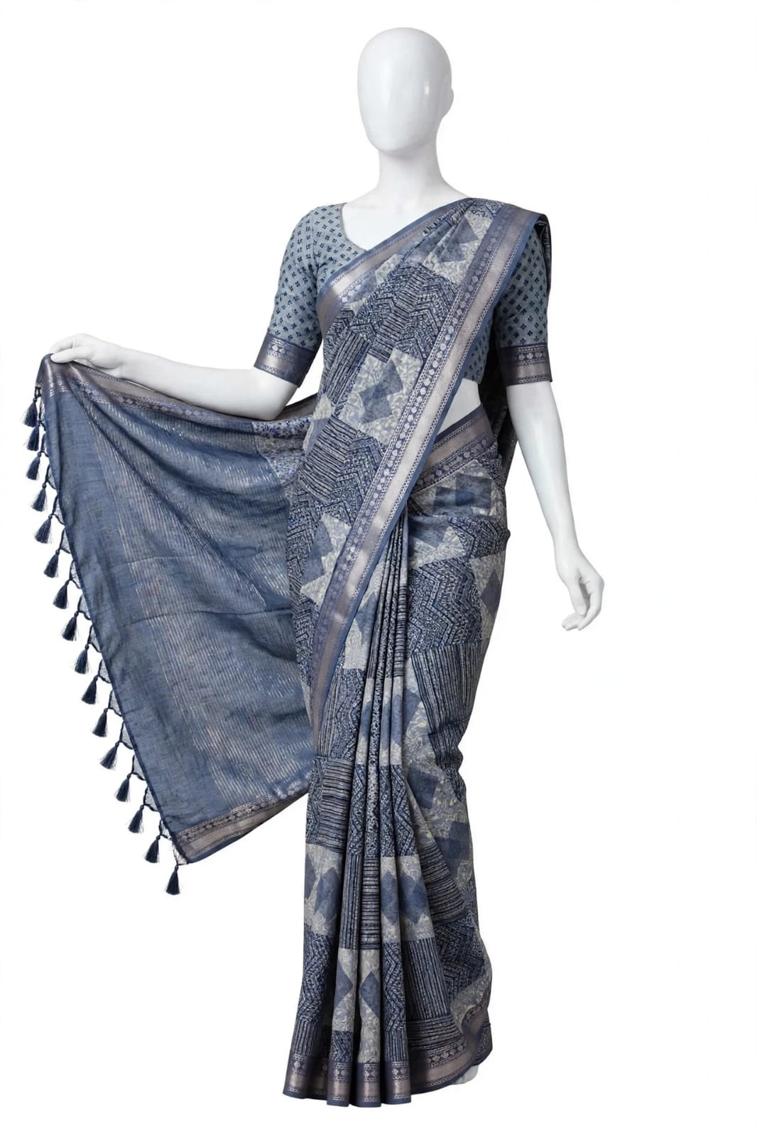 Grey & Blue Geometric Block-Printed Cotton Silk Saree with Unstitched Blouse