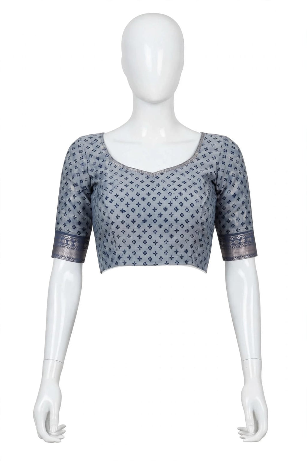 Grey & Blue Geometric Block-Printed Cotton Silk Saree with Unstitched Blouse
