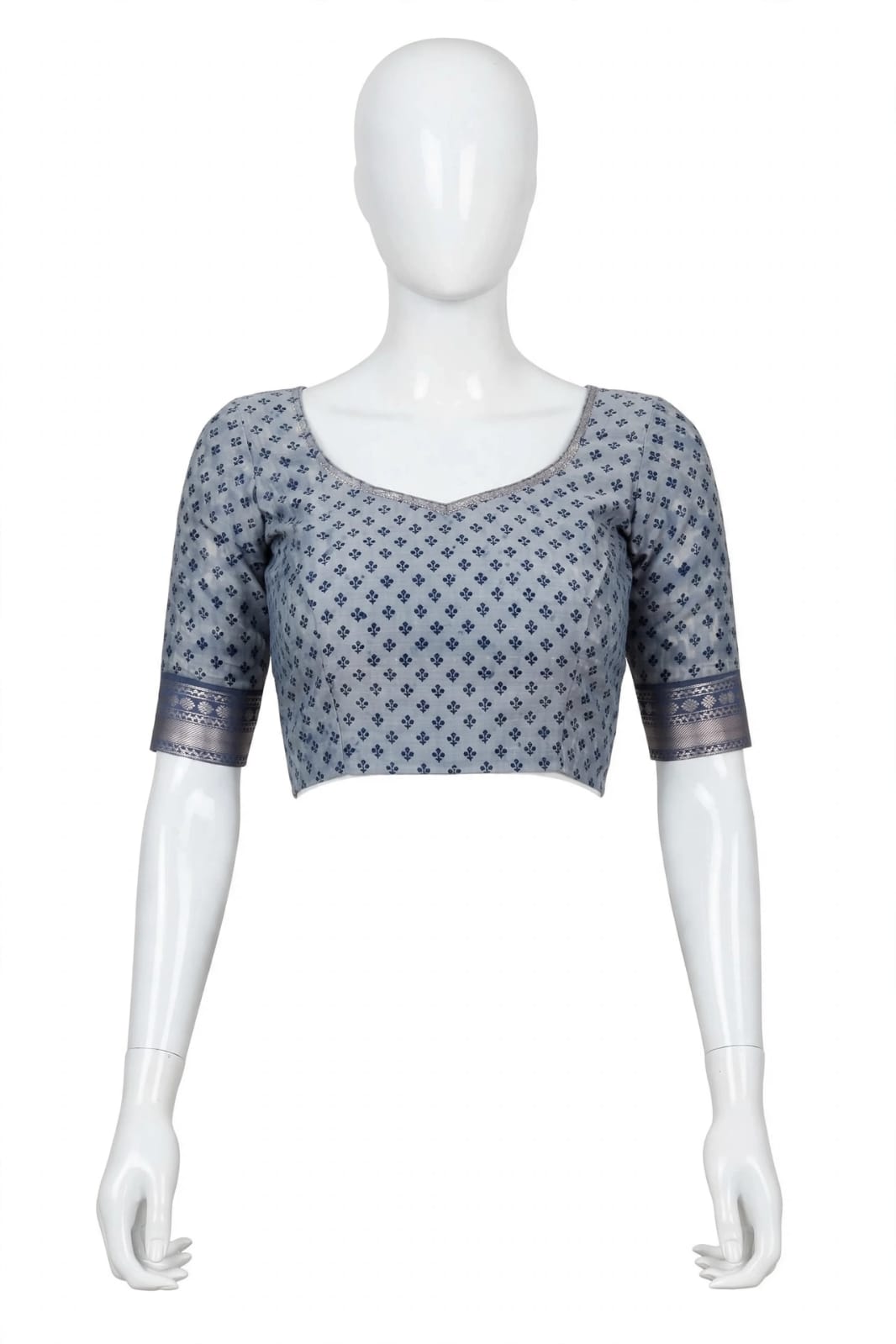 Grey & Blue Geometric Block-Printed Cotton Silk Saree with Unstitched Blouse