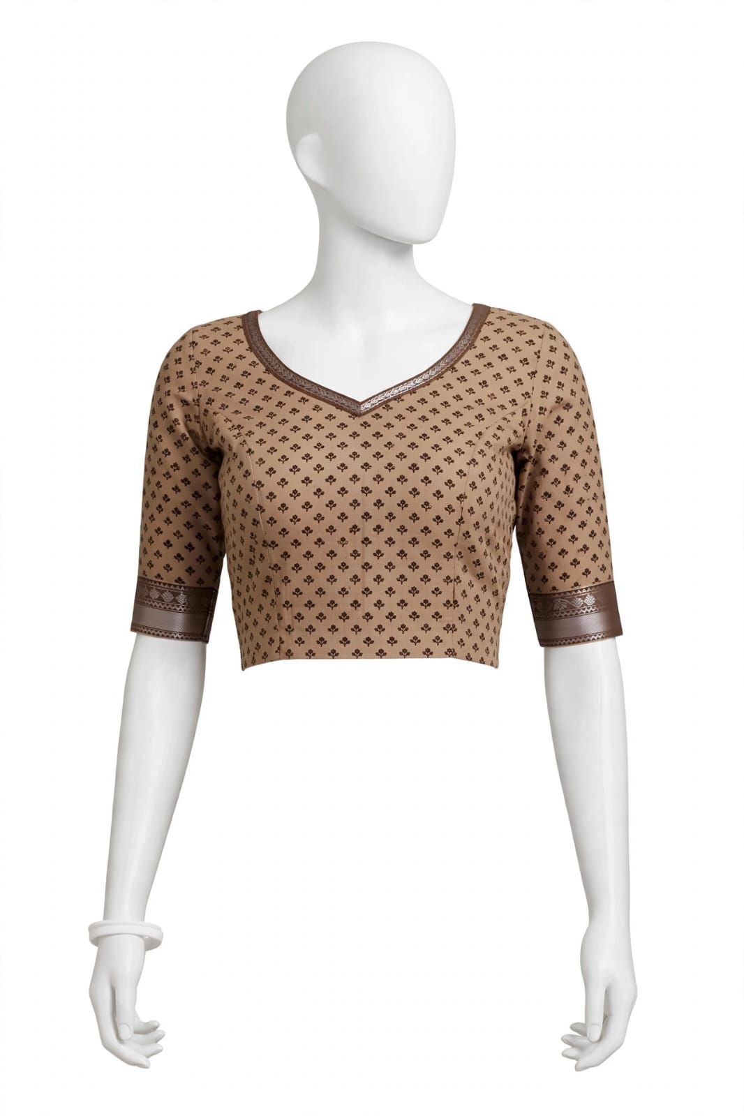 Brown & Beige Geometric Block-Printed Cotton Silk Saree with Unstitched Blouse