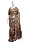 Brown & Beige Geometric Block-Printed Cotton Silk Saree with Unstitched Blouse