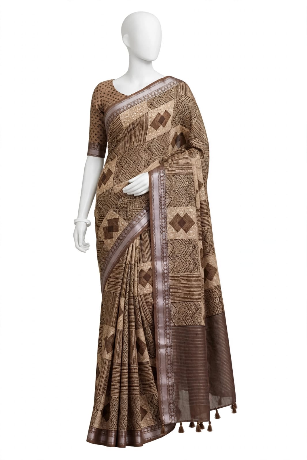 Brown & Beige Geometric Block-Printed Cotton Silk Saree with Unstitched Blouse