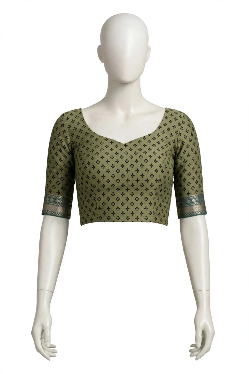 Olive Green & Beige Geometric Block-Printed Cotton Silk Saree with Unstitched Blouse